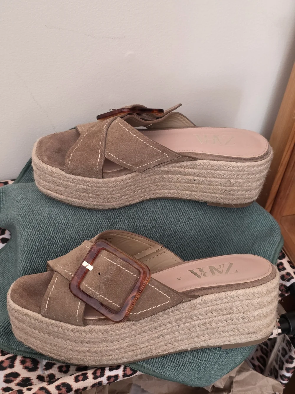 Zara Suede Platform Espadrille Slides Tortoise Buckle EU 38 7.5-8